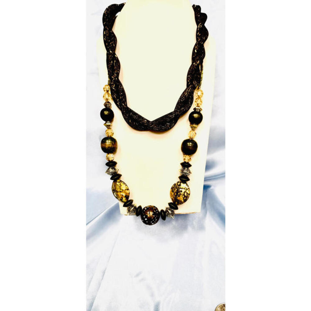 2 Necklaces: 1- Brown Metallic Bead Weaved  2- Multi Colors Metallic Necklace